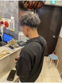 メンズツーブロツイストスパイラルアップバングショートメッシュ