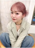 ピンクカラー美髪外ハネボブイメチェンホワイトブロンド