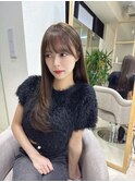小顔薄めバンググレージュレイヤーロング前髪パーマ黒髪