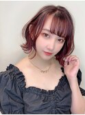 チェリーレッドフェイスフレーミング切りっぱなしボブ
