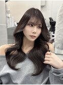 ロングレイヤーカット顔周りシールエクステ冬ヘーゼルグレージュ