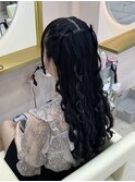髪の毛リボン×編み込みハーフツイン