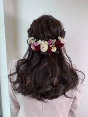 二次会ハーフアップヘアセット★結婚式グレージュフェアリー