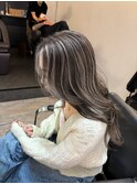 前髪ハイライトカラーこなれミディイメチェンウェーブパーマ