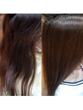 縮毛矯正じゃない【髪質改善】だから、負担のある髪も◎♪サイドの髪で、左がBifore、右がAfterです☆