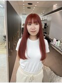 ピンクオレンジ/ロングストレート/ワイドバング