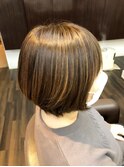 立体感ハイライト×カーキベージュ丸みハニボブマロンベージュ