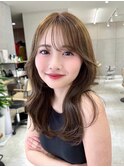 ミディアムレイヤーカット/オリーブグレー/韓国風/小顔前髪/新宿