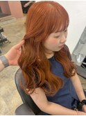 オレンジカラー　暖色カラー　ブリーチなしダブルカラー夏カラー