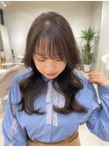 小顔薄めバンググレージュレイヤーロング前髪パーマ黒髪