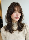 顔周りカットハッシュカットダークブラウンワンホンレイヤー韓国