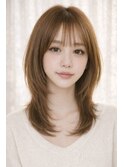 セミロングレイヤーカットストレートロングウルフカットベージュ