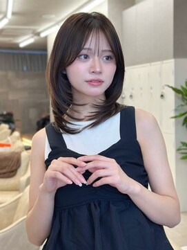 オムニス 表参道(Omnis) 暗髪ミディアムレイヤーカットワンカール韓国ヘア小顔2way前髪