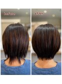 アッシュグレーボブ ヘアアレンジプードルパーマロングヘア