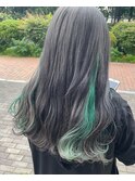【インナーカラー】グレージュ×グリーン