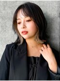◯ワンレンボブルフ黒髪ネビージュ小顔ぱっつん前髪ウルフパーマ