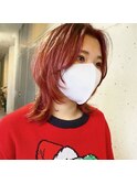 ハイトーンレッドカラーウルフカット10代20代