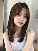 ラベンダーブラウンレイヤーミディアム2wayバングヘア