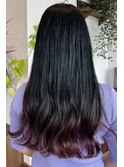 黒髪暗髪+ブラウン暖色系裾カラー ゆるやかウェーブロング