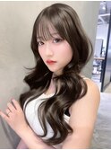 ロンググレージュ韓国ヘア顔周りレイヤー_F31015