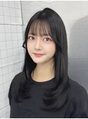 ロングレイヤーカット顔周りシールエクステ冬ヘーゼルグレージュ