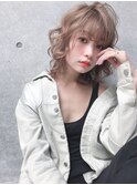 小顔セミウェットウェーブピンクベージュハイライトカラー