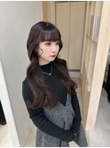 小顔薄めバンググレージュレイヤーロング前髪パーマ黒髪