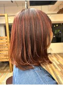 白髪ぼかしハイライト　バーガンディー　ボブルフ　柏