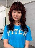 重めバング/レッドブラウン/顔まわりレイヤー/ロングパーマ