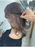 イヤリングカラー前髪ピンクベージュインナーグレージュレイヤー