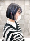インナーカラーブルー青ボブミニボブ前下がりボブ