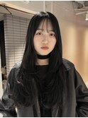 【中澤彩乃】アッシュブラックレイヤーロング韓国前髪ぱっつん