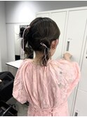 ミディアムヘアツインお団子お呼ばれヘアセット髪質改善