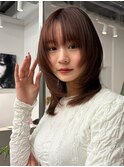 顔まわりレイヤー/ミディアム/小顔カット/透明感ブラウン