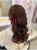 推し活 お呼ばれ 編み込みハーフツイン×ベロアリボン