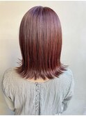 20代30代外はねミディアムボブ切りっぱなしオレンジピンクカラー