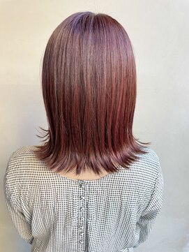 ヘアー アイス 御器所本店(HAIR ICI) 20代30代外はねミディアムボブ切りっぱなしオレンジピンクカラー