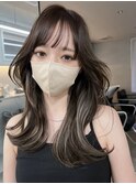★韓国ヘアーグレーベージュレイヤーロング前髪パーマ黒髪