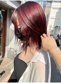 毛利下北沢/切りっぱなしボブ 外はね ワインレッド ブリーチ 夏