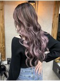 ピンクラベンダー、バレイヤージュ、ハイライト、レイヤーカット