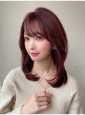デジタルパーマ前髪パーマ韓国くびれミディアムチェリーブラウン