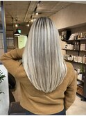 バレイヤージュ、ハイライト、レイヤーロング、グレーベージュ