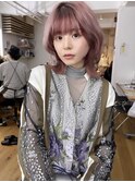 R2_ウルフボブ×ホワイトピンクベージュ/Wカラー/鎖骨ミディアム