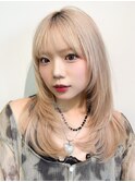 グレージュブラウン/ミディアムレイヤー/韓国巻き/顔周りカット