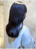 ブルーラベンダーグレー セミロング ゆる巻き 暗髪カラー