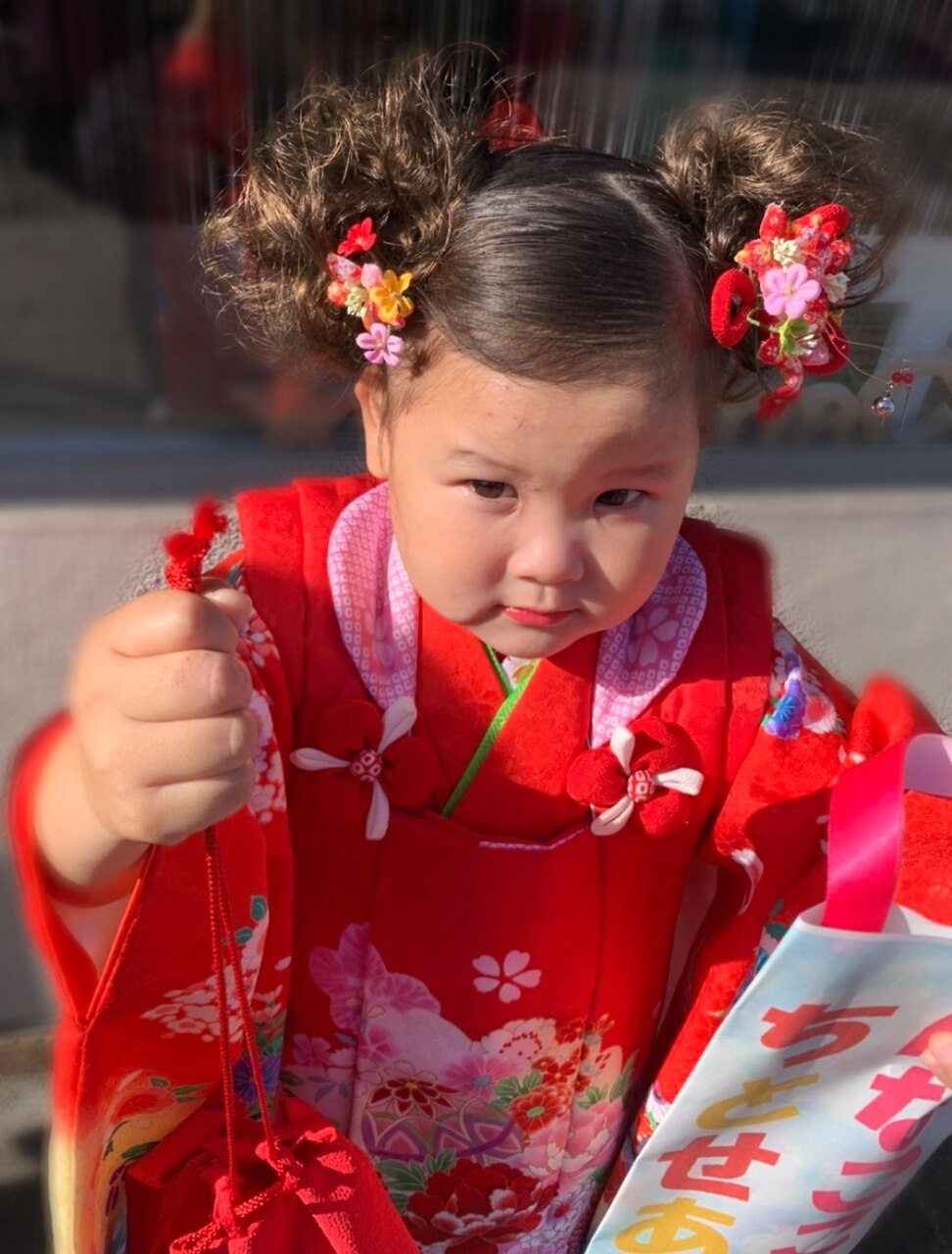 七五三3歳 ヘアセット着崩れしない ツインお団子 水戸 大工町