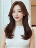 ロングレイヤー ゆる巻き 顔周りカット 韓国 ブラウンカラー