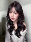 ロング黒髪前髪カット顔周りレイヤー韓国ヘア_F31312