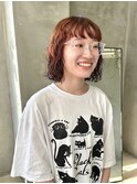 オレンジブラウン ボブパーマ くるくるパーマ