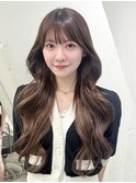 ロング暗めカラーグレージュ韓国ヘア顔周りレイヤー_F1112